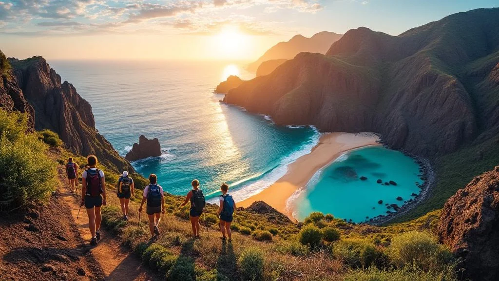 Paysage hyper-réaliste de Gran Canaria avec mer, montagnes, randonneurs et piscines naturelles d'Agaete