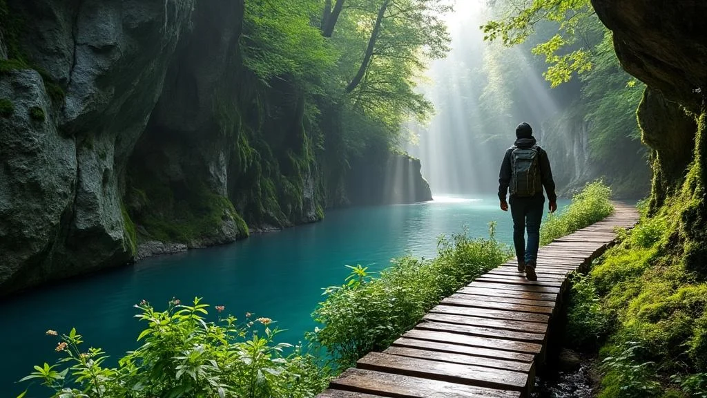 Photo réaliste de la gorge de Vintgar en Slovénie avec sentier de randonnée et rivière turquoise