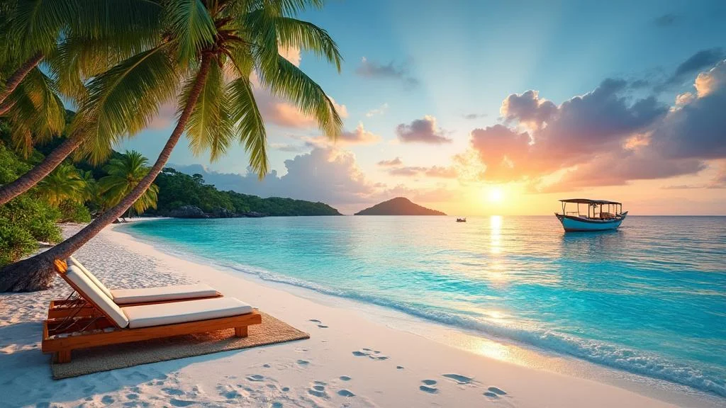 Plage de sable blanc et mer transparente aux îles Gili près de Bali au coucher de soleil