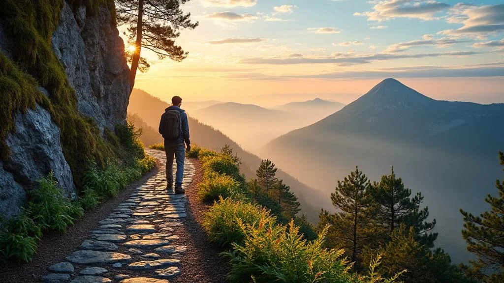 Randonnée matinale calme sur le chemin des Muletiers au Puy de Dôme, lumière dorée et paysage volcanique