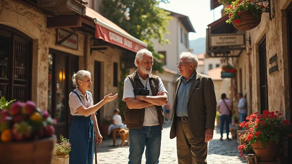 Scène réaliste d’un touriste commettant une erreur culturelle en Bulgarie dans une rue typique au soleil couchant