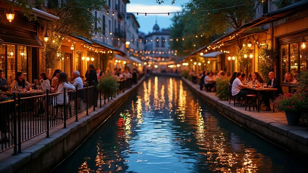 Soir animé au quartier Navigli à Milan avec terrasses, canaux et ambiance festive au bord de l'eau