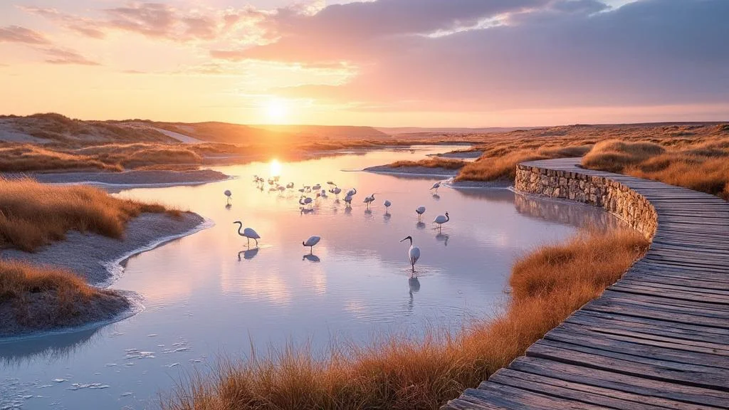 Vue hyper-réaliste des marais salants de l'île de Ré au coucher du soleil, paysages naturels préservés