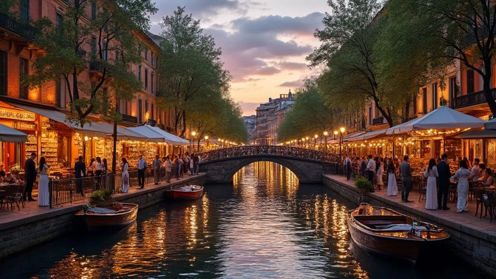 Vue hyper-réaliste du quartier Navigli à Milan au printemps avec marché aux antiquités et ambiance festive