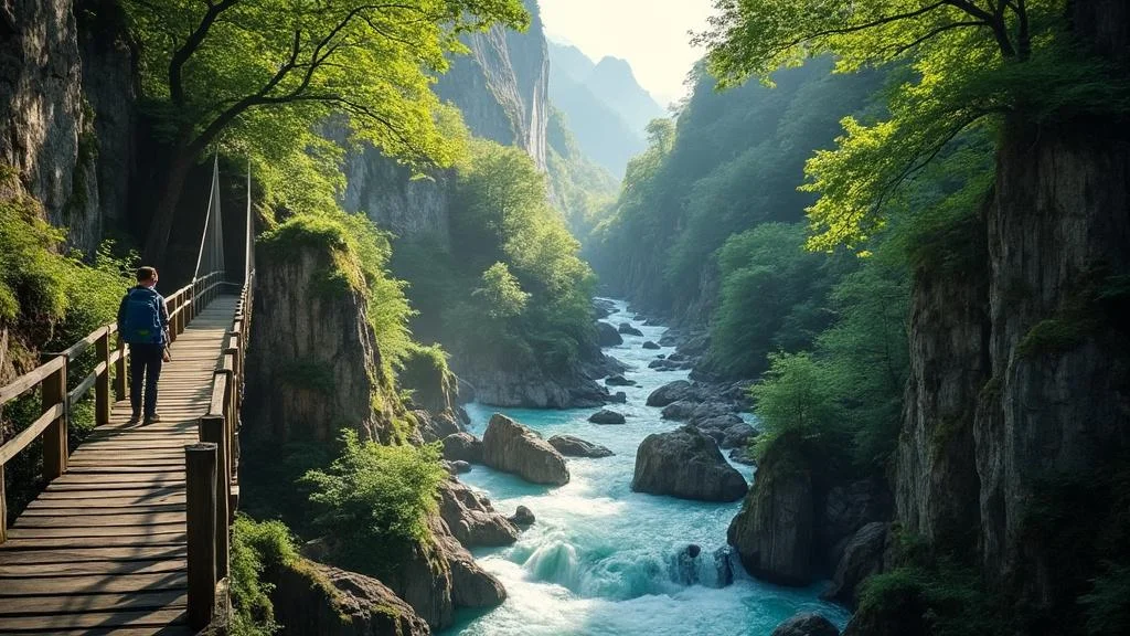 Vue photoréaliste de la gorge de Vintgar avec la rivière Radovna turquoise et pont suspendu en Slovénie