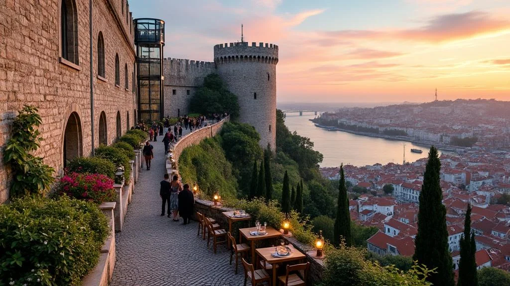 Vue photoréaliste du château Saint-Georges à Lisbonne au coucher du soleil avec vue sur la ville et la rivière